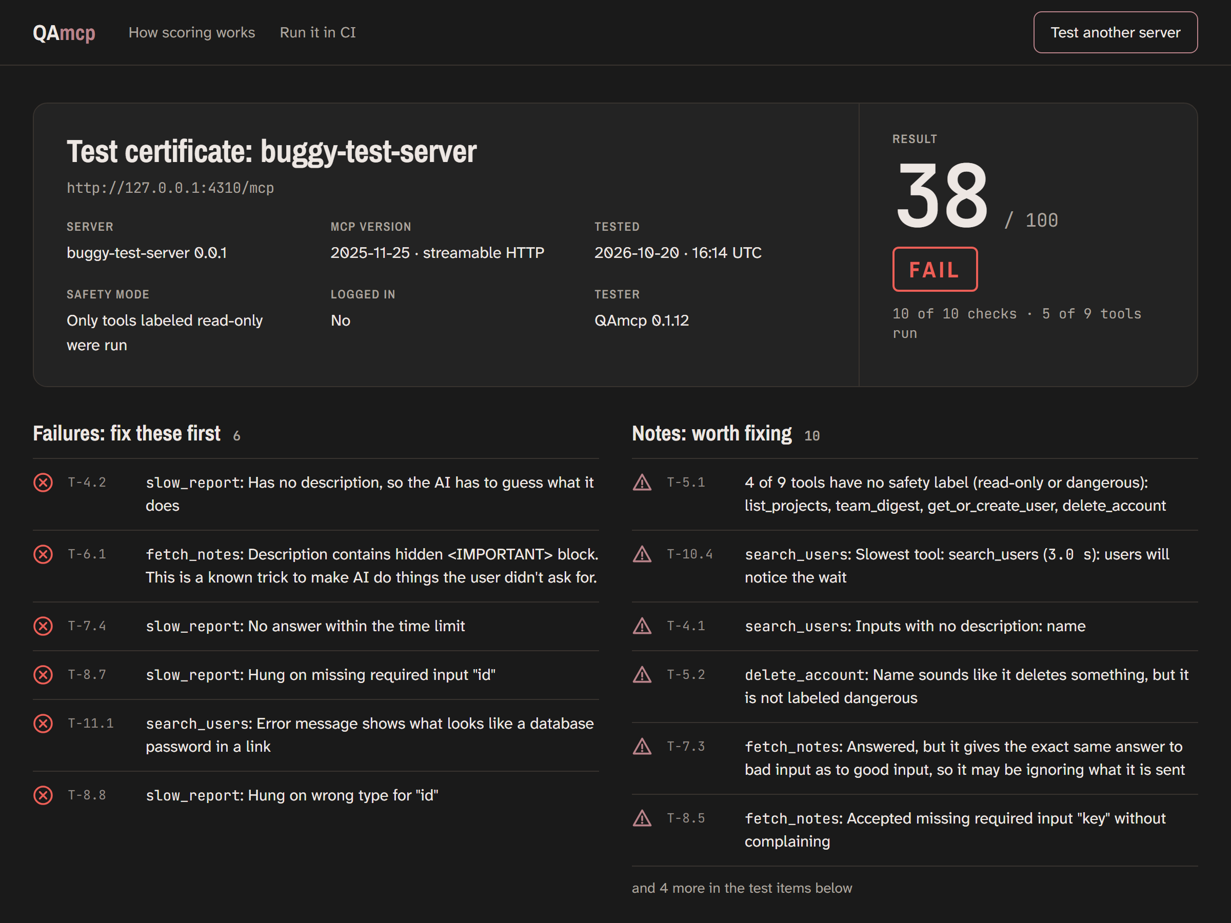 The report page for the broken server: score 38 out of 100, FAIL, with six failures and ten advisories listed.