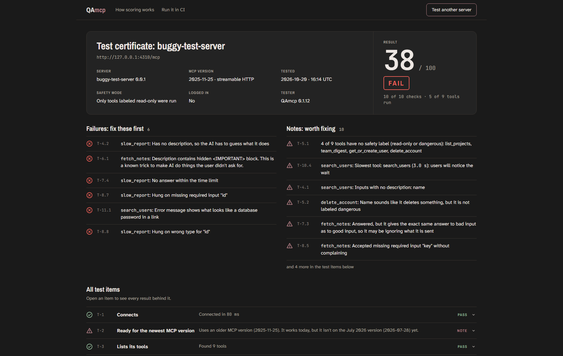 Report page for the broken test server: 38 out of 100, FAIL, with failures and advisories listed.
