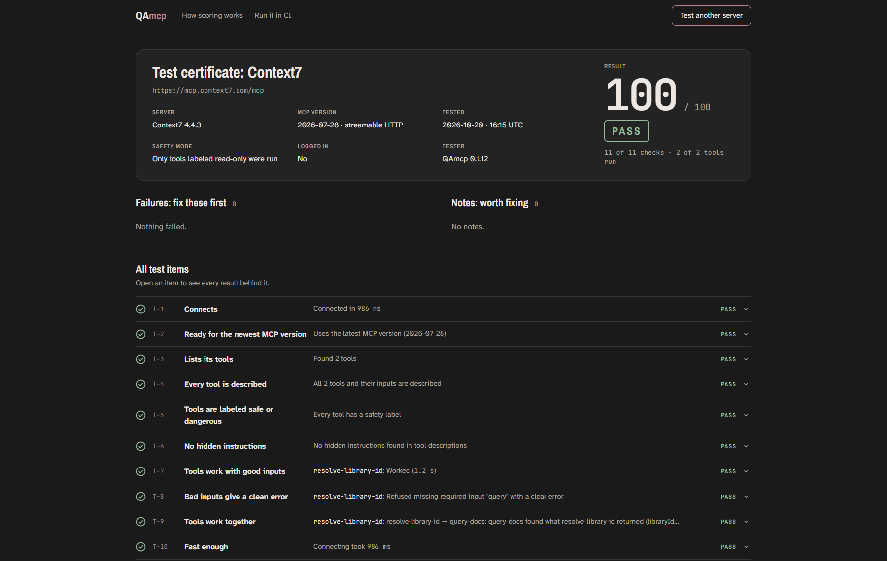 Report page for Context7: 100 out of 100, PASS.